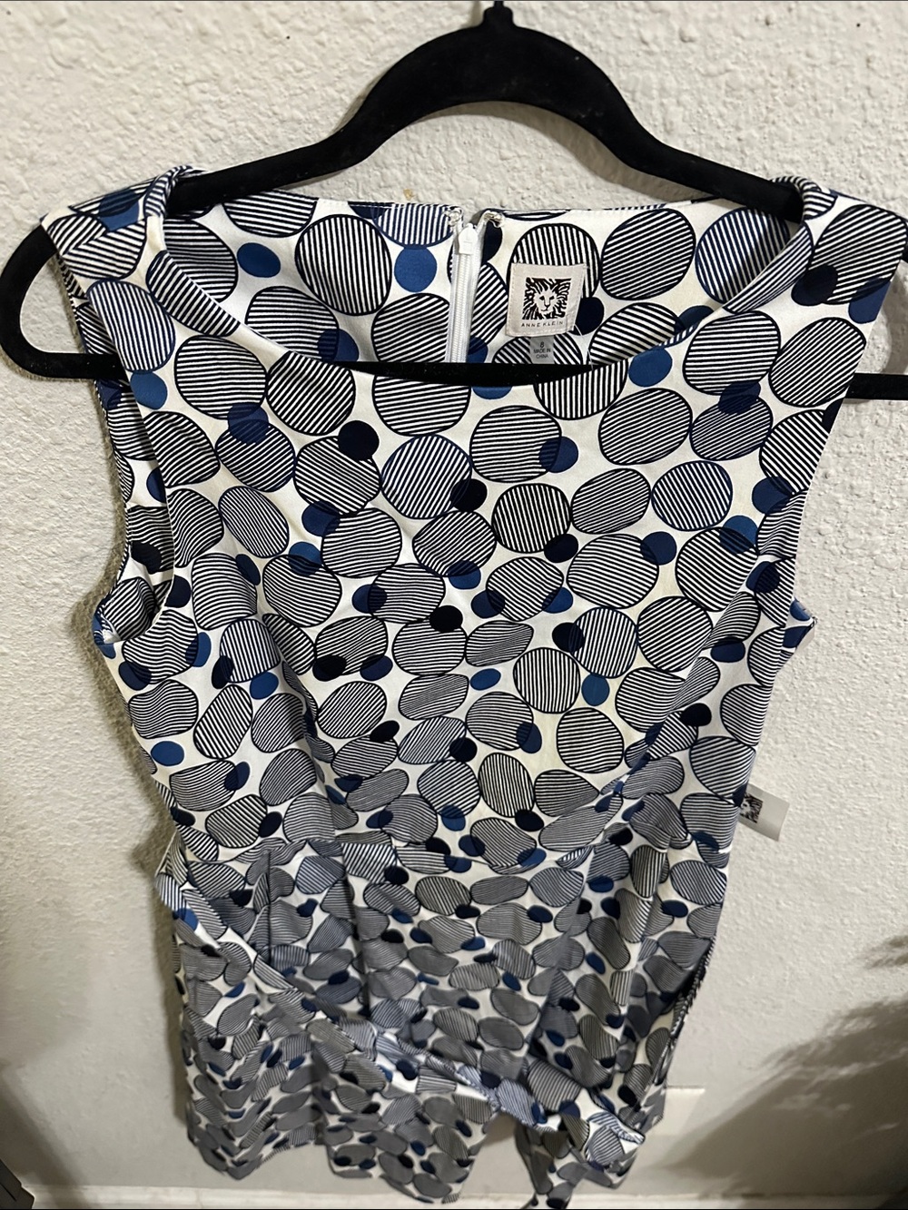 Anne Klein White Dress with Navy and Blue Dot Pattern